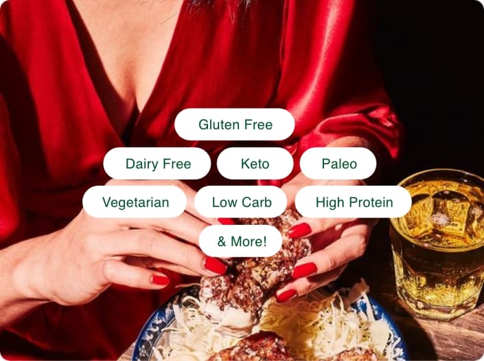 Meal photo with dietary tags overlay.