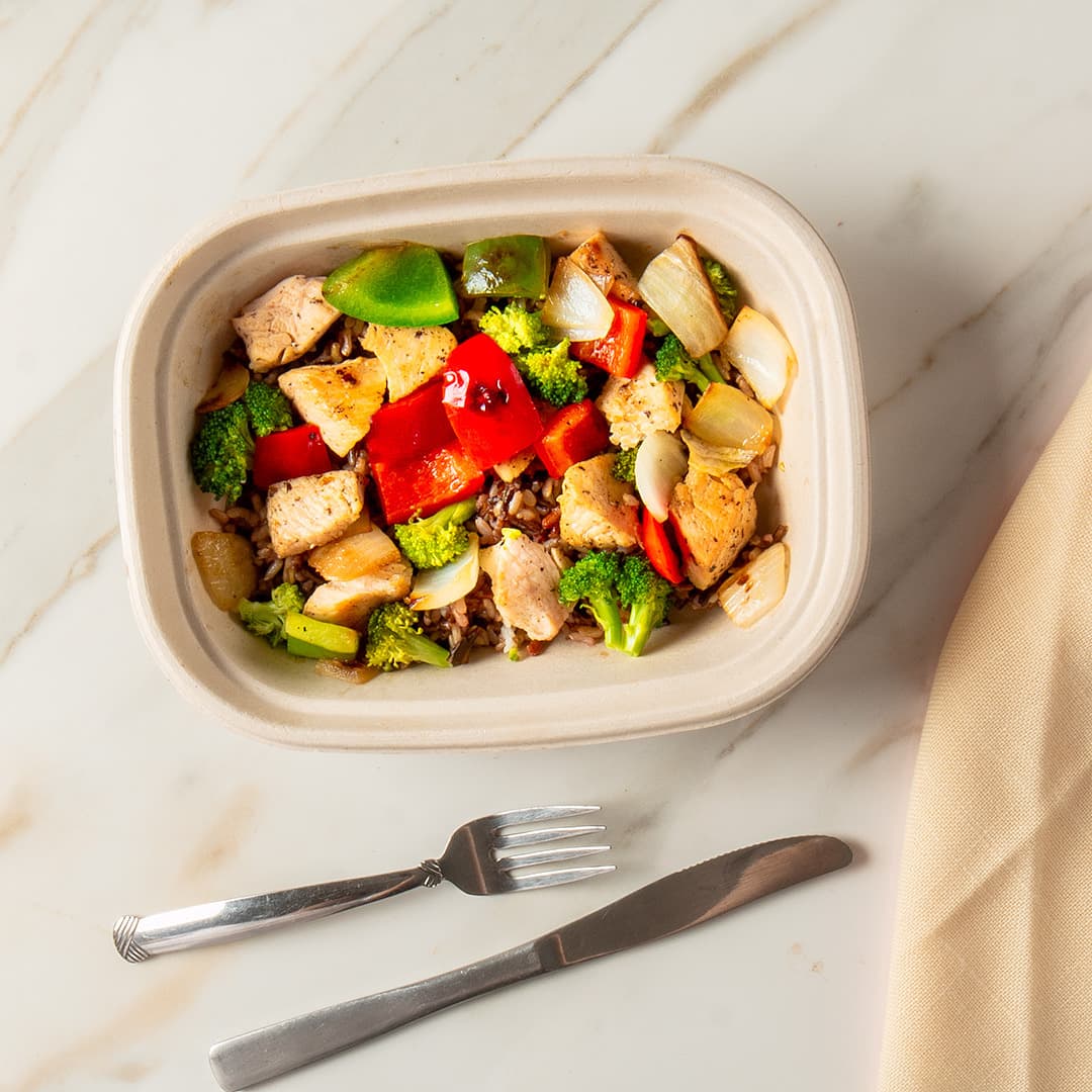 Chicken Peppers and Onions Bowl